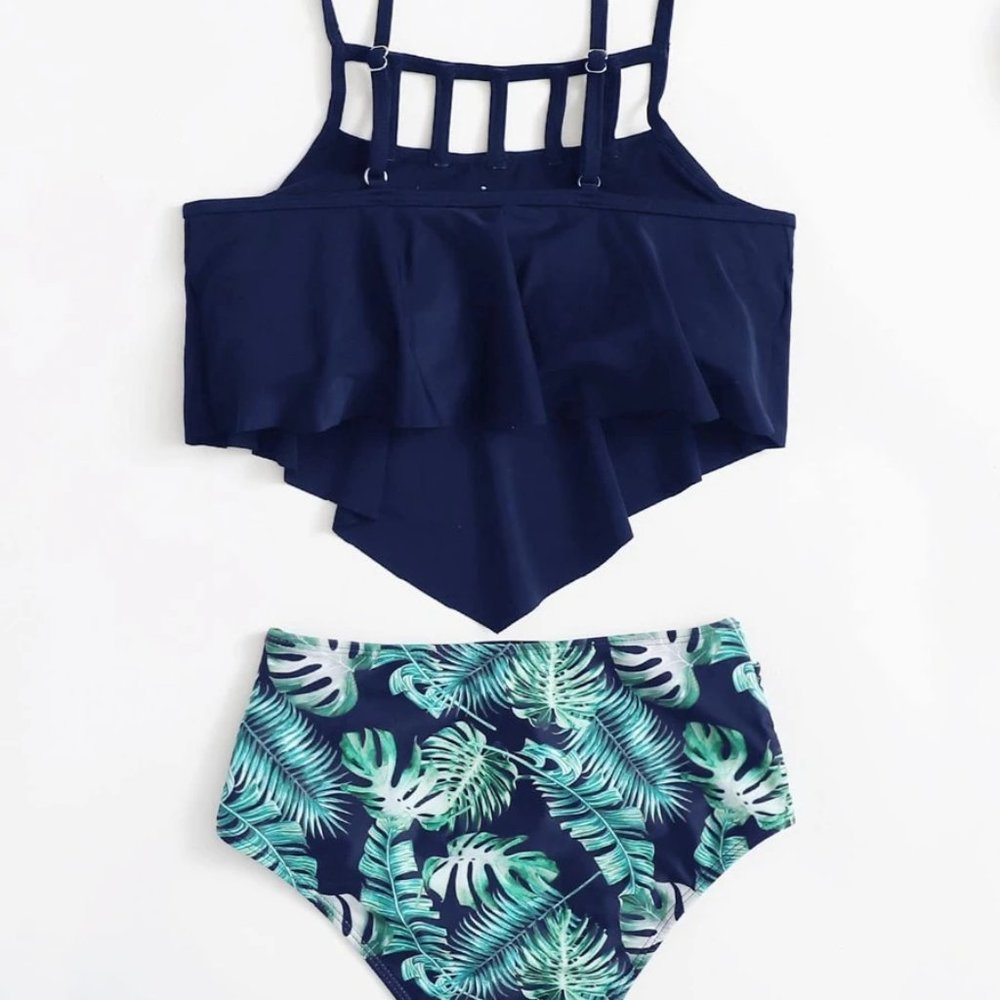 Navy Flounce Tropical High Waisted Swimsuit - Picture 2 of 4